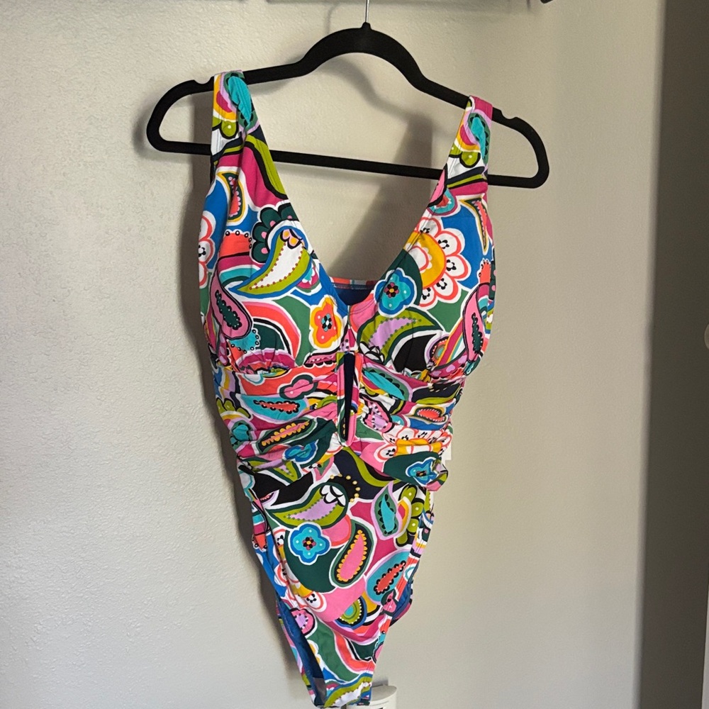 NWT Bleu Rod Beattie Multicolor Paisley One-Piece Swimsuit — Pink, Blue, Green